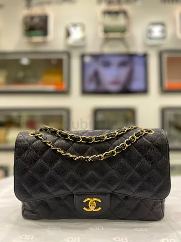 Chanel Black Quilted Caviar Leather Jumbo Classic Double Flap Bag (Authentic/PreOwned)