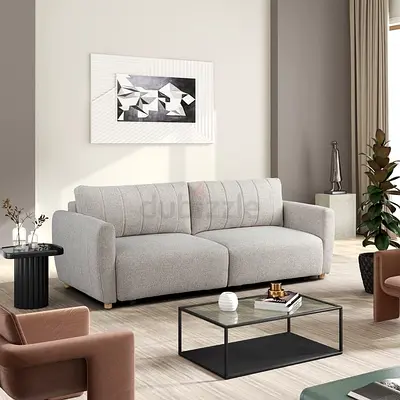 Light gray foam tuffted boucle fabric sofa
