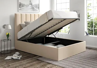 Light beige linen double hydraulic storage bed
