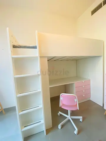 KEA SMÅSTAD Loft Bed with Desk, Wardrobe Storage – White/Pink