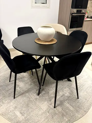 Round Black Dining Table + 4 Velvet Chairs - Excellent Condition