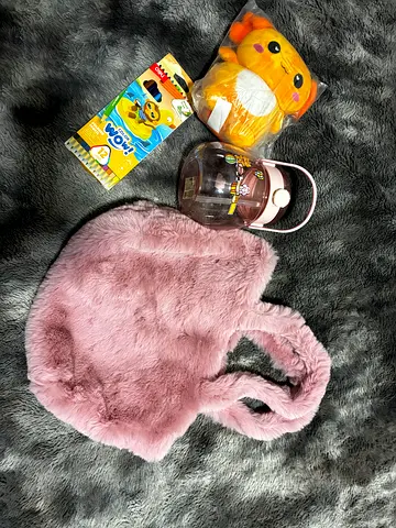 Unused Kids Cute Plush Toy, Color Pencil, Water Bottle and Fluffy bag