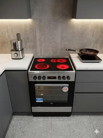 Beko Electric ceramic 4 HOBS Stove OVEN FAN 60Cm with 8 Cooking funtion oven model  ,FSM67320GXS