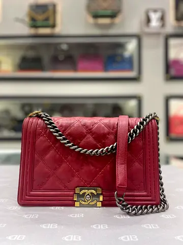 Chanel Red New Medium Double Stitch Boy (Authentic/PreOwned)