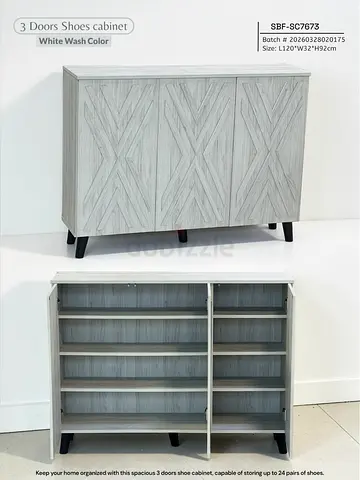 Stylish 3 Doors Shoe Cabinet in White Wash Color