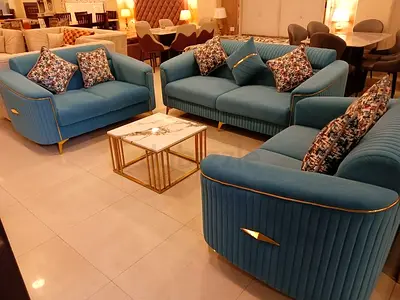 Royal Teal Velvet Sofa Set with Gold Accents
