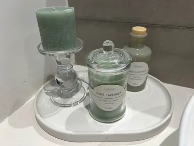Sage Lavender Scented Candle Jar with Glass Holder  Tray