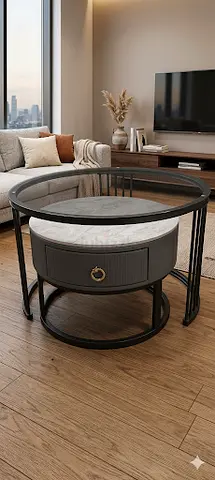 Round Marble-Top Coffee Table with Drawer (Black Metal Frame)
