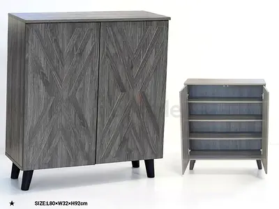 Used grey wooden two-door cabinet with shelves — 80×32×92 cm