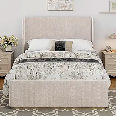 Tufted wings headboard queen corduroy fabric bed