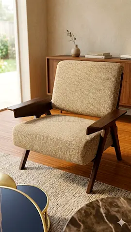 mid-century wooden lounge chair — beige textured upholstery
