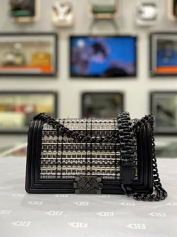Chanel Black PVC Thread Woven Medium Boy Flap Bag (Authentic/PreOwned)
