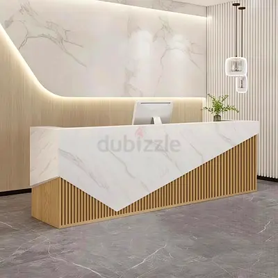 ​Modern Marble  Slatted Wood Reception Desk