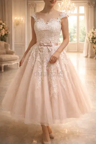 Tea length blush wedding dress by House of Mooshki