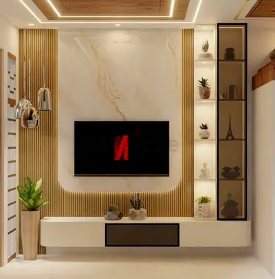 Modern Marble  Wood Slats TV Feature Wall