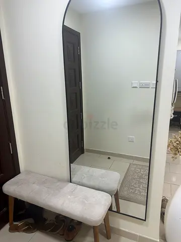 Full-length arched mirror with slim black metal frame - good condition + bench