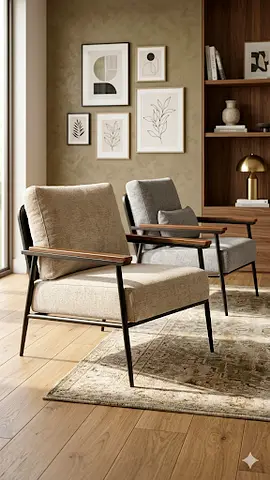 Mid-century lounge chair — metal frame with wooden armrests