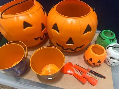 Halloween Themed Pumpkin Buckets, tools and decorations
