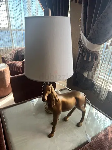 Bronze horse table lamp with white drum shade