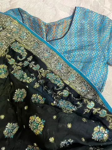 Black banarsi printed  embroidered  Sari (ready to wear) with Blue brocade blouse (Stitched)