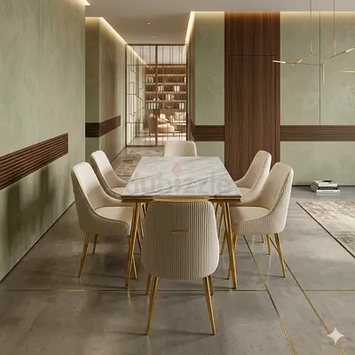 Marble top dining table with 6 beige upholstered chairs
