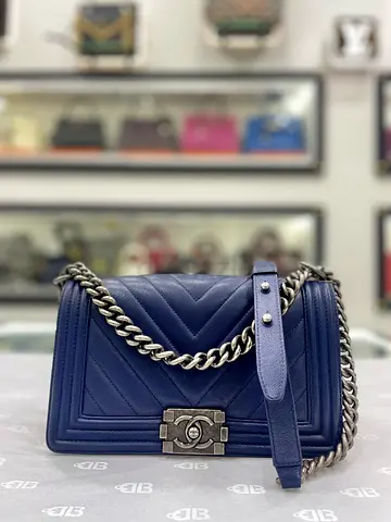 Chanel Navy Blue Caviar Chevron Quilted Medium Boy Flap (Authentic/PreOwned)