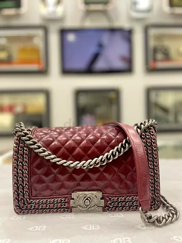 Chanel Red Quilted Leather Medium Interlaced Chained Boy Flap Bag (Authentic/PreOwned)