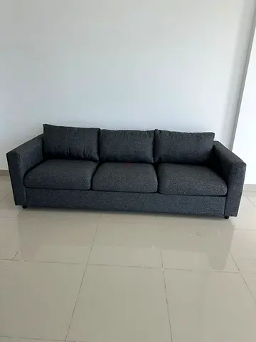 Dark grey 3 seater sofa. Good fabric quality, strong frame and very comfortable seating. Ready for i