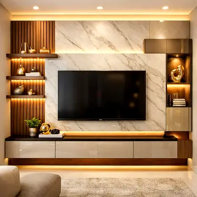 Contemporary Marble  Wood Entertainment Wall