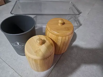 Bamboo Storage Containers and Tall Grey Bin
