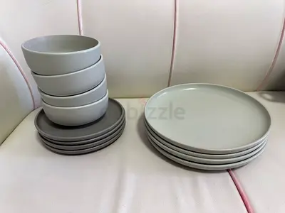 Set of Modern Grey Dinner Plates and Bowls and glass