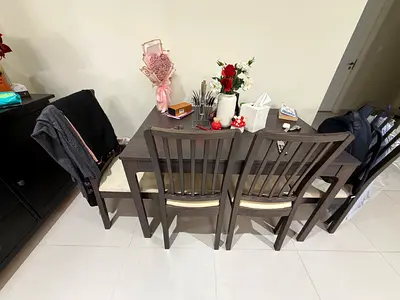 Wooden dining table set with 4 chairs - 1 bench good condition