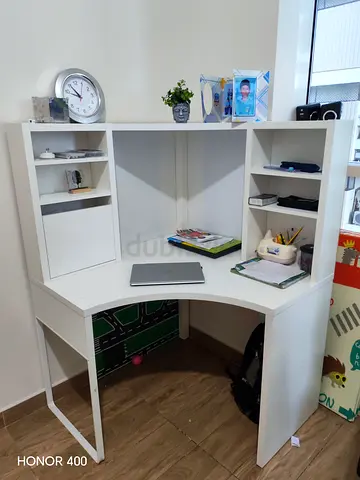IKEA White corner study/computer desk with built-in shelves and Chair, White Board + Notice board.