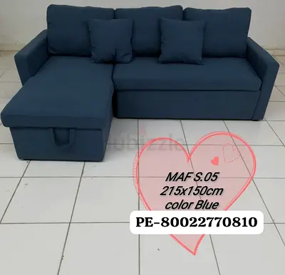 My blue L-shaped sofa with storage chaise - 215 x 150 cm
