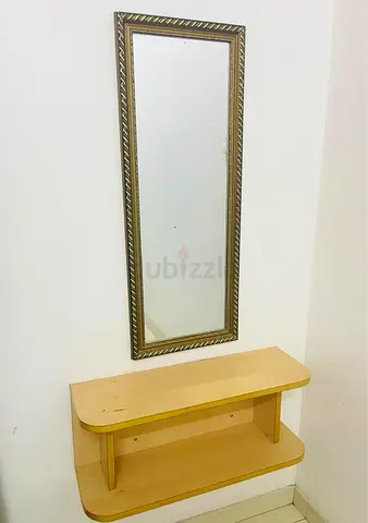 Wall mirror with floating wooden entry shelf - light maple finish