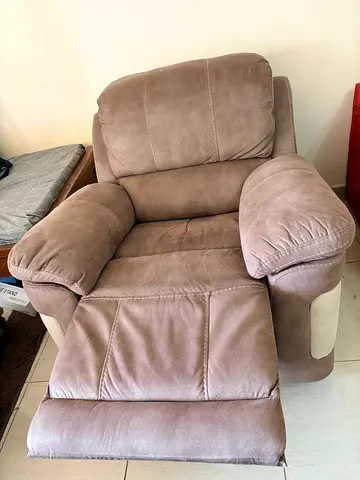 My brown reclining armchair — soft fabric with working footrest