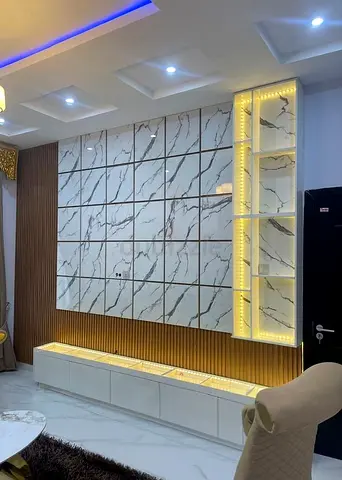 Luxury Marble-Tile  Fluted Wood TV Feature Wall