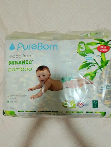 PureBorn Organic Bamboo Baby Diapers Size 3 (5–8 kg) — 112 pcs (Sealed Pack)