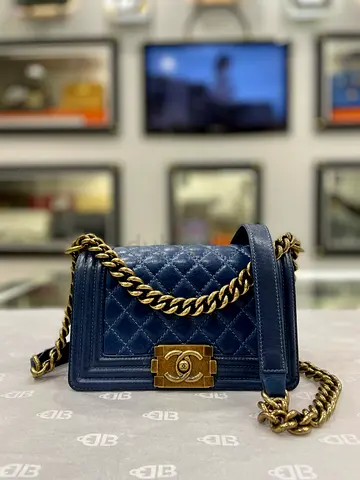 Chanel Le Boy Small Calfskin Blue Quilted Leather Bag (Authentic/PreOwned)
