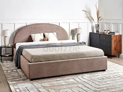 Taupe boucle fabric semi round headboard king bed