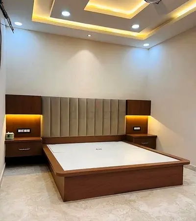 Bed Solid wood with upholstered headboard and built-in nightstands