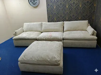 Home center beige color feather 🪶 filled modular sofa with ottoman
