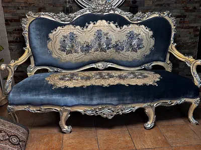 Classic sofa , My Ornate Carved 3-Seater Sofa in Blue Velvet