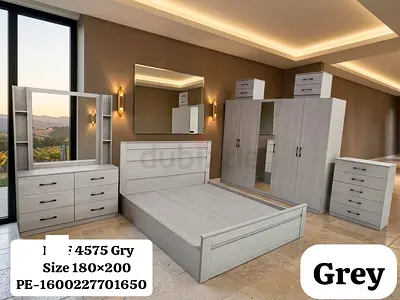 Grey King Size Bedroom Set — 180x200 Bed with Wardrobe, Dresser  Nightstand