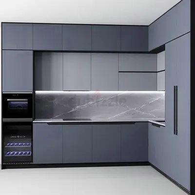 L-shaped modern kitchen cabinets, gray matte finish
