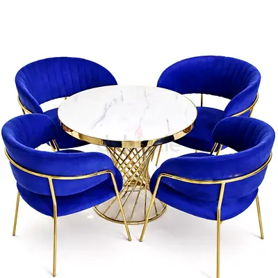 Stylish Blue Velvet Dining Set with Marble Table