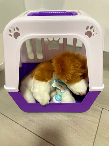 My plush sound puppy with carrier and feeding bottle, a complete pet shop with various accessories