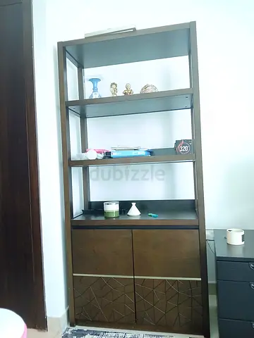 Tall wooden bookshelf with lower storage cabinet