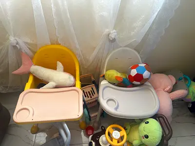 My 2 baby booster/high chairs with trays. toys not included.