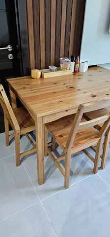 Solid Wood Dining Table with 4 Chairs — Light Pine, Good Condition